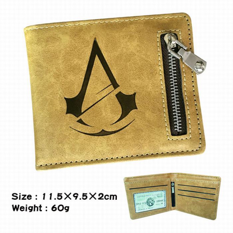 Assassin Creed brown Style 1 fold zipper Short paragraph Leather wallet purse 11.5X9.5X2CM