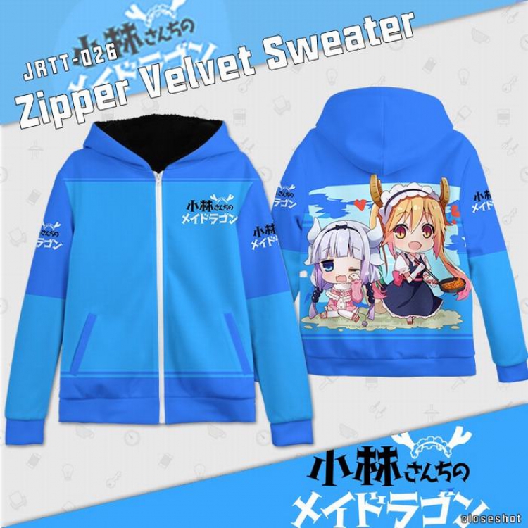 Miss Kobayashis Dragon Maid Anime Full Color zipper Plus velvet Sweatshirt S M L XL XXL XXXL JRTT026