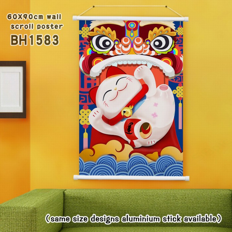 Lucky Cat New Year White Plastic rod Cloth painting Wall Scroll 60X90CM BH1583