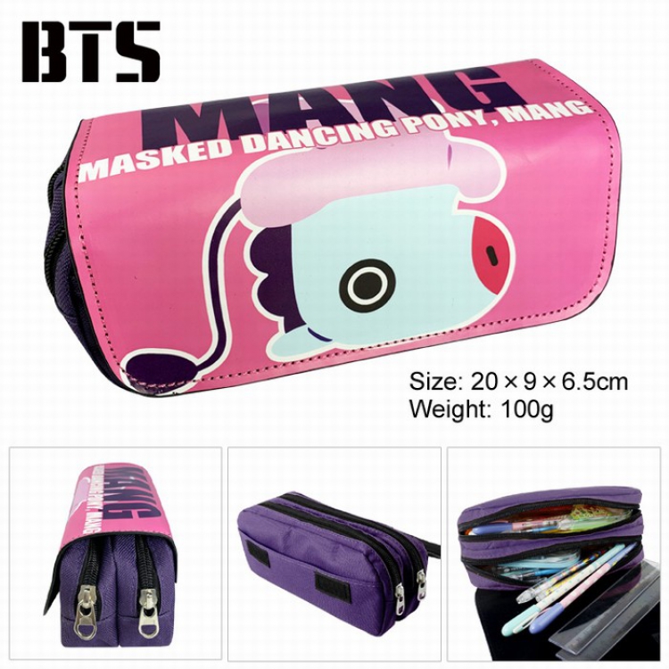 BTS BT21 PU surface Multifunction Double layer Zipper Flip cover Pencil Bag Style G