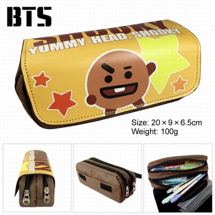 BTS BT21 PU surface Multifunction Double layer Zipper Flip cover Pencil Bag Style K