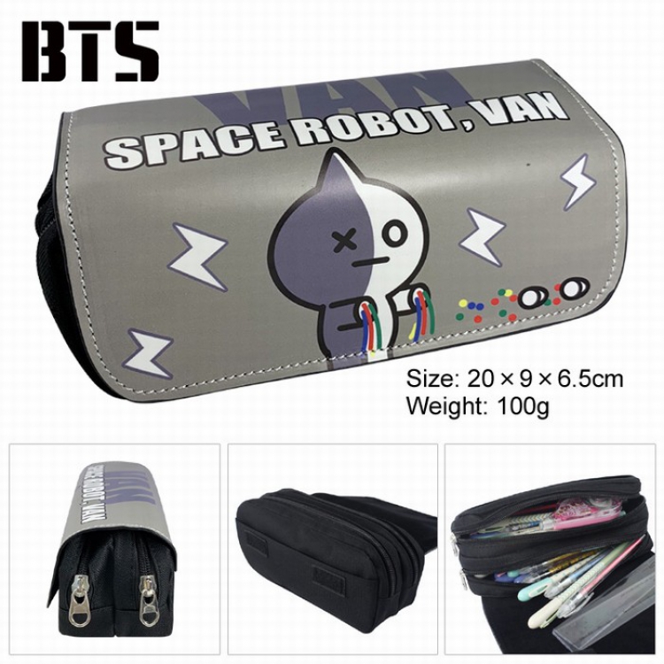 BTS BT21 PU surface Multifunction Double layer Zipper Flip cover Pencil Bag Style H