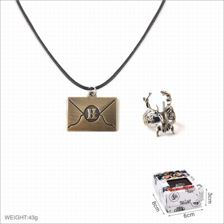 Harry Potter Ring and stainless steel black sling necklace 2 piece set style I