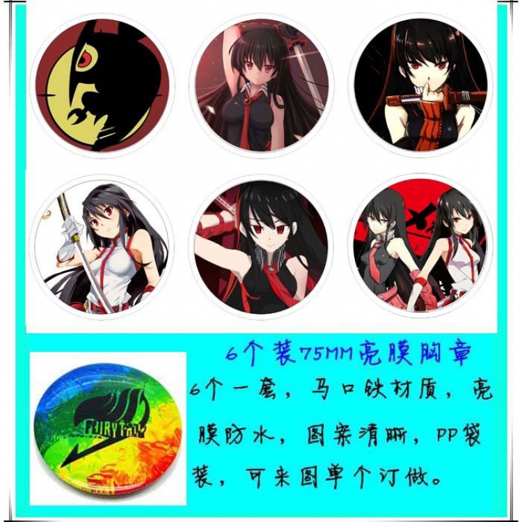 Akame ga KILL Anime tinplate bright film badge round cloth brooch a set of six 75MM