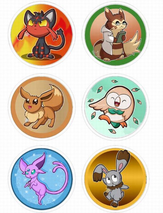 Pokemon-13 Anime tinplate bright film badge round cloth brooch a set of six 75MM