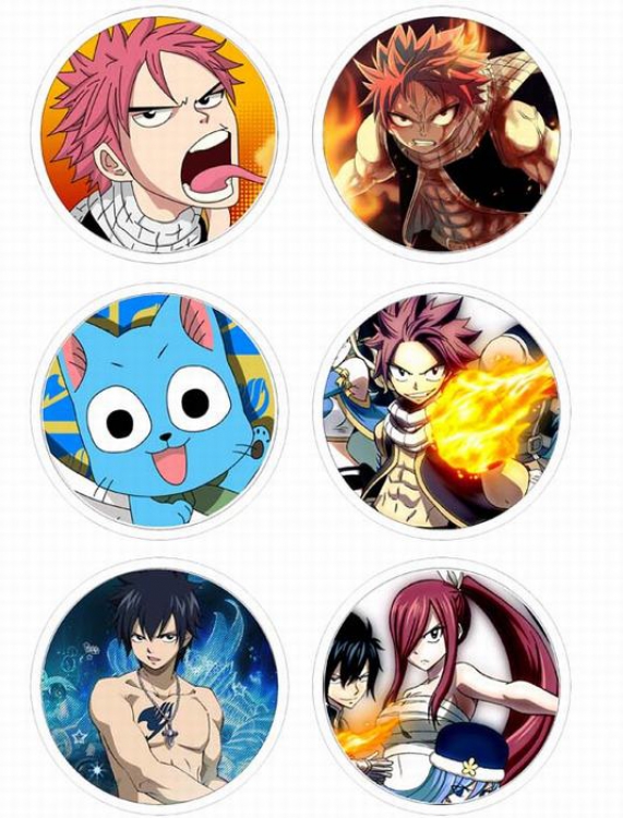 Fairy Tail-2 Anime tinplate bright film badge round cloth brooch a set of six 75MM