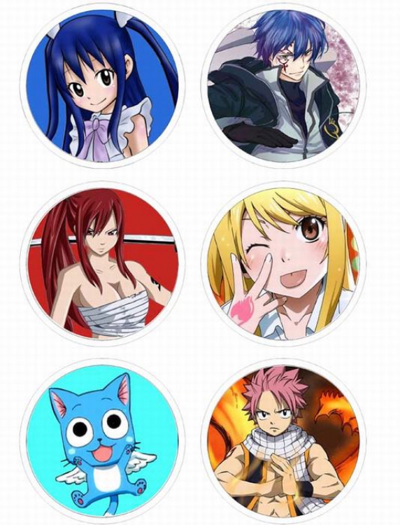 Fairy Tail-3 Anime tinplate bright film badge round cloth brooch a set of six 75MM