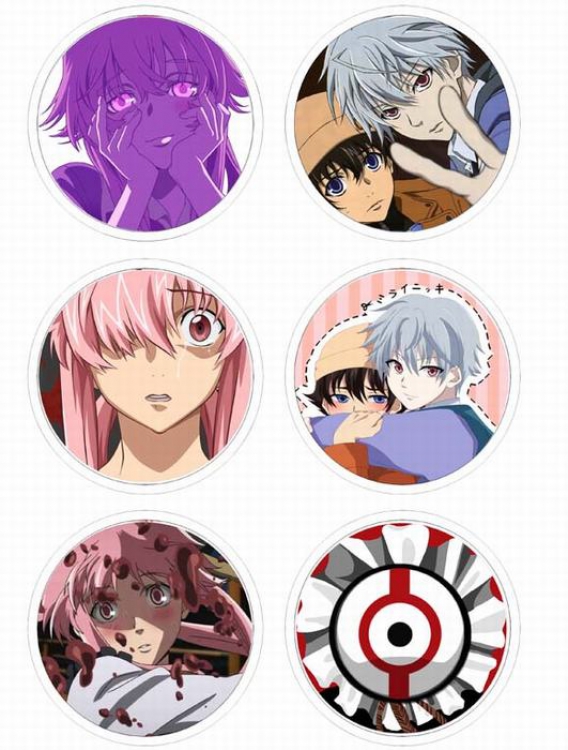 Mirai Nikki-1 Anime tinplate bright film badge round cloth brooch a set of six 75MM