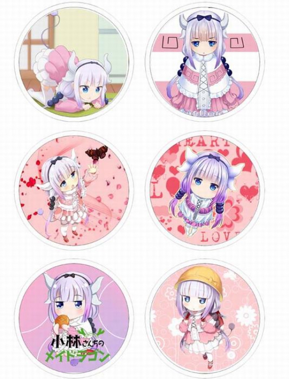 Miss Kobayashis Drag Anime tinplate bright film badge round cloth brooch a set of six 75MM