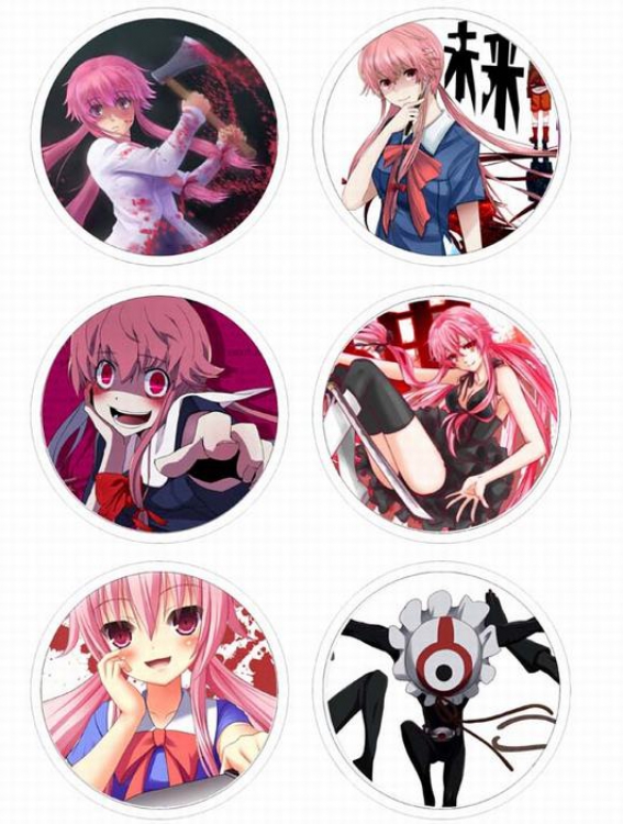 Mirai Nikki-2 Anime tinplate bright film badge round cloth brooch a set of six 75MM