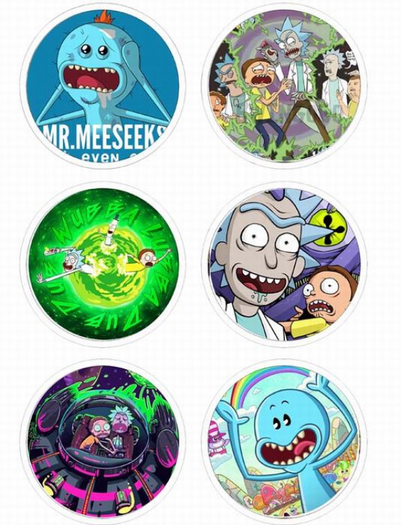 Rick and Morty-1 Anime tinplate bright film badge round cloth brooch a set of six 75MM