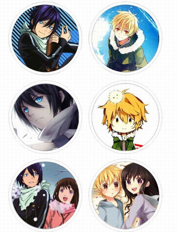 Noragami Anime tinplate bright film badge round cloth brooch a set of six 75MM