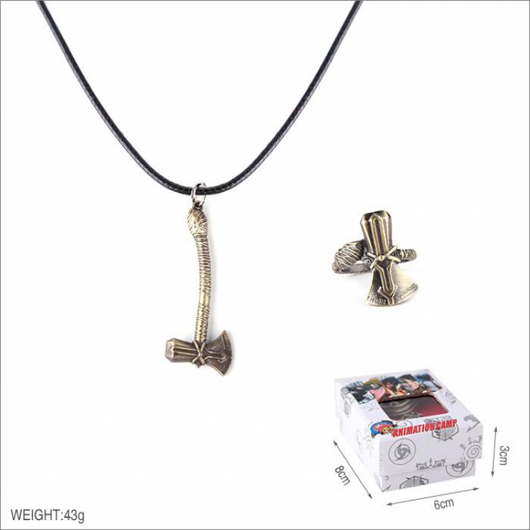 The Avengers Thor Ring and stainless steel black sling necklace 2 piece set