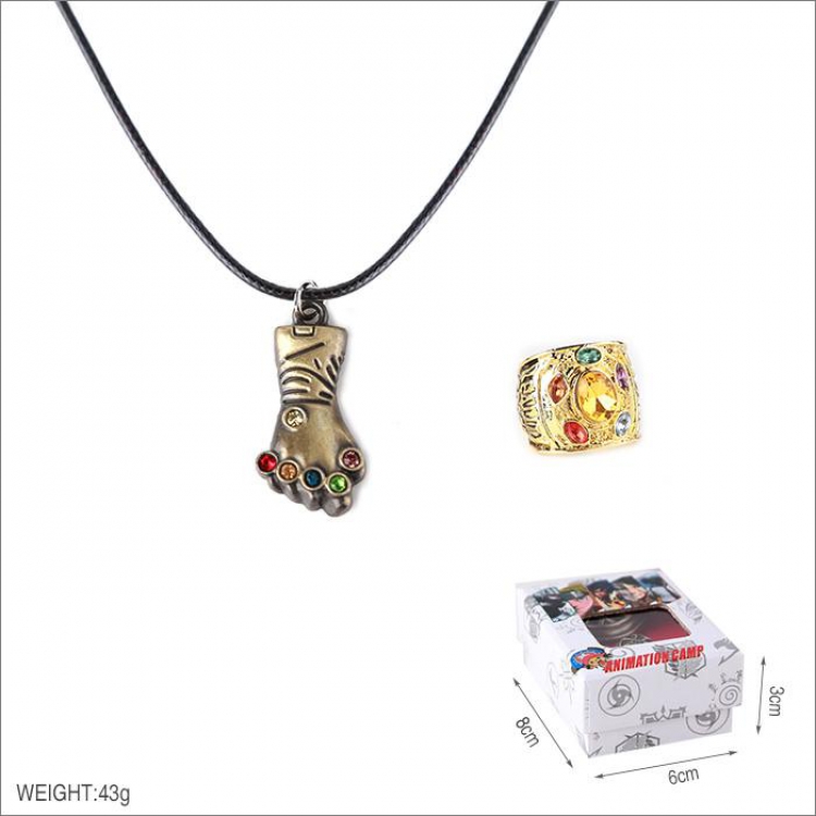 The Avengers Thanos  Ring and stainless steel black sling necklace 2 piece set