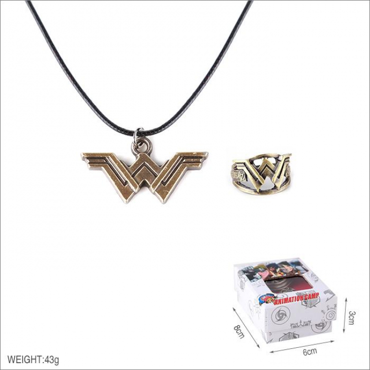 Justice League Wonder Woman Ring and stainless steel black sling necklace 2 piece set