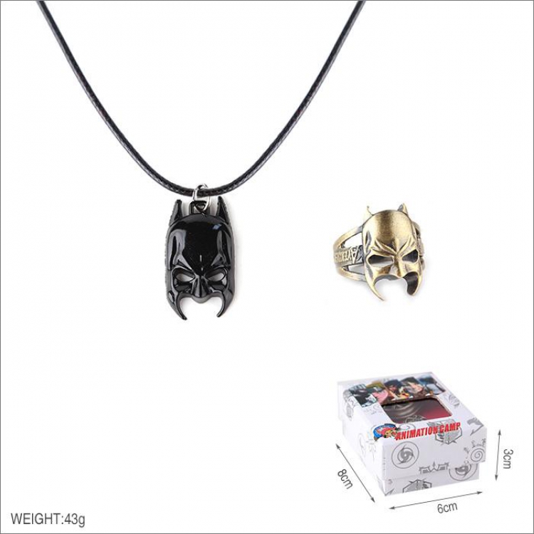 Batman Ring and stainless steel black sling necklace 2 piece set