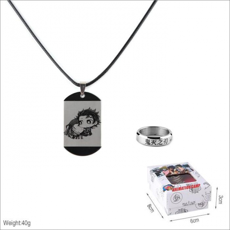 Demon Slayer Kimets Ring and stainless steel black sling necklace 2 piece set