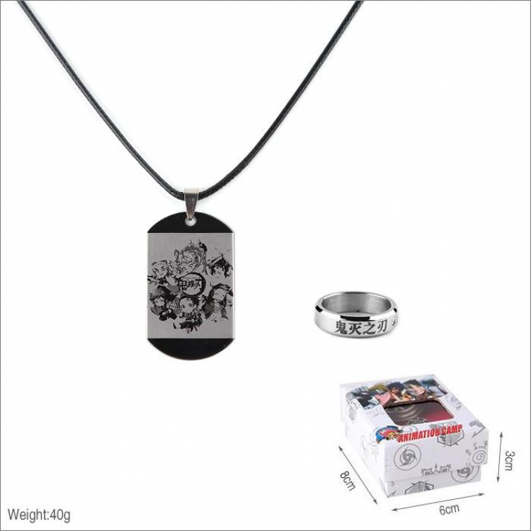 Demon Slayer Kimets Ring and stainless steel black sling necklace 2 piece set