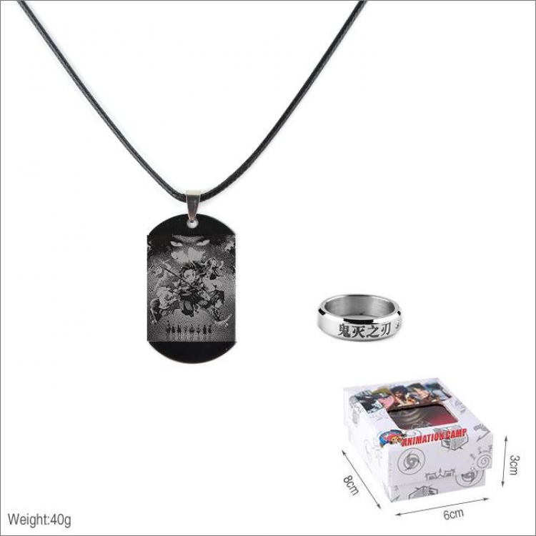 Demon Slayer Kimets Ring and stainless steel black sling necklace 2 piece set