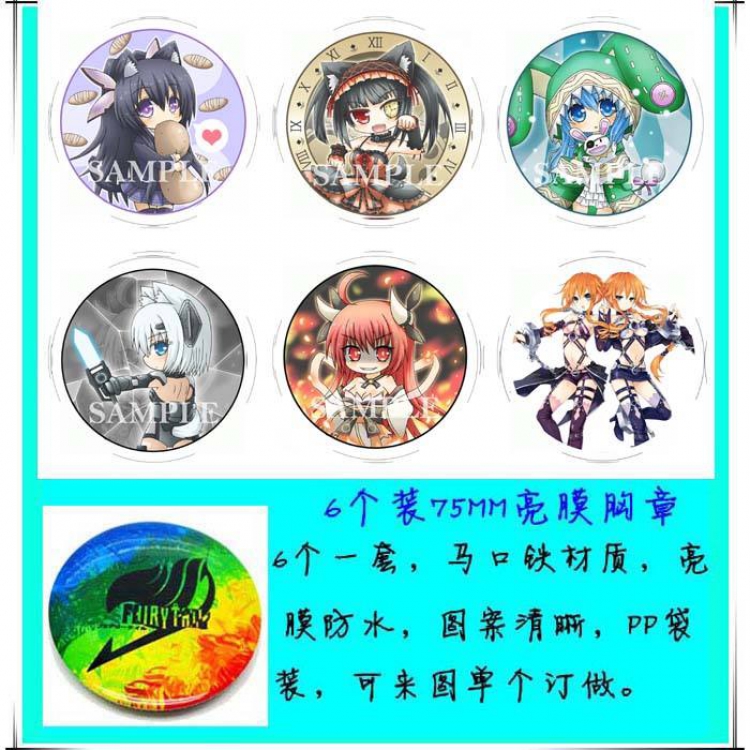 Date A Live Anime tinplate bright film badge round cloth brooch a set of six 75MM