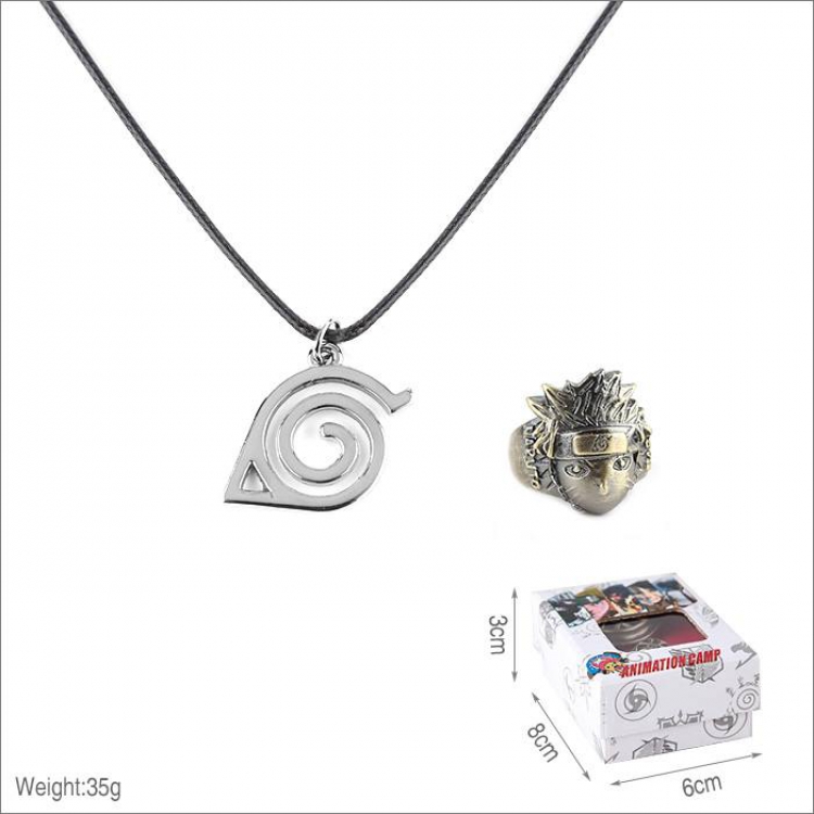 Naruto Ring and stainless steel black sling necklace 2 piece set