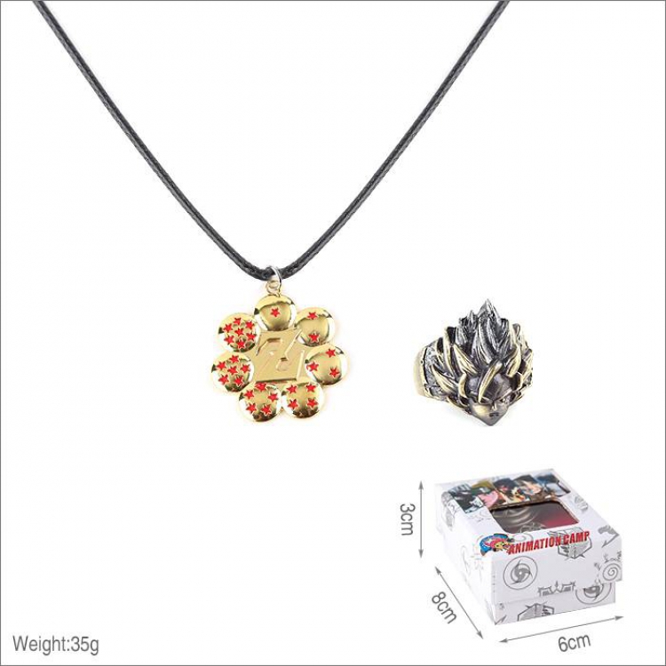 Dragon Ball star Ring and stainless steel black sling necklace 2 piece set