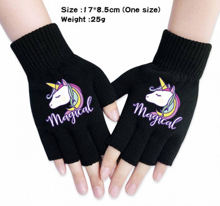 Unicorn-1A Black Anime knitted half finger gloves