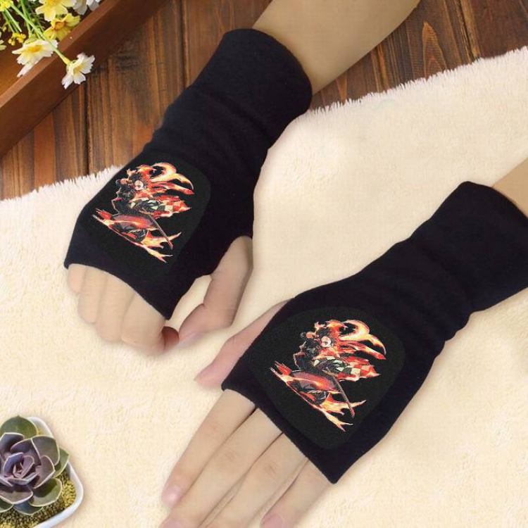 Demon Slayer Kimets Kamado Tanjirou Printing Black Half-finger Gloves Scrub bag