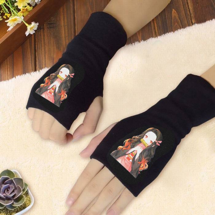 Demon Slayer Kimets Kamado Nezuko Printing Black Half-finger Gloves Scrub bag