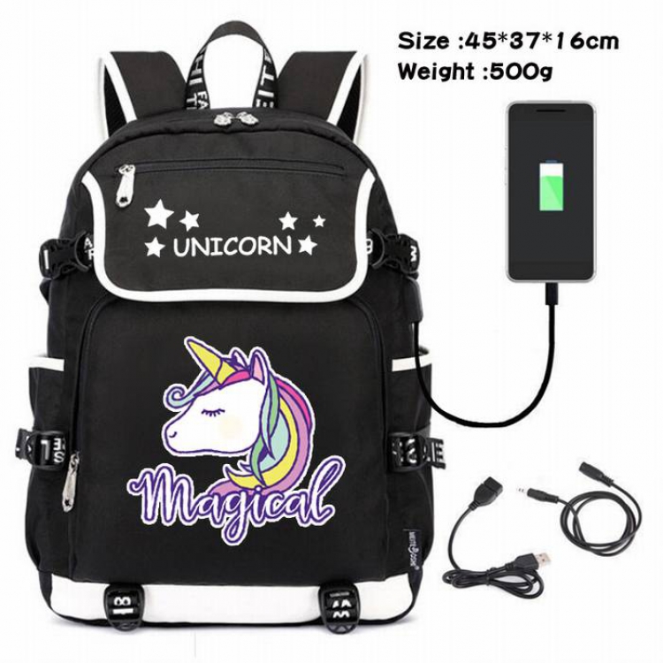 Unicorn-054 Anime 600D waterproof canvas backpack USB charging data line backpack