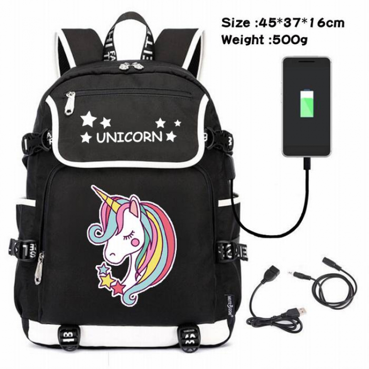 Unicorn-057 Anime 600D waterproof canvas backpack USB charging data line backpack