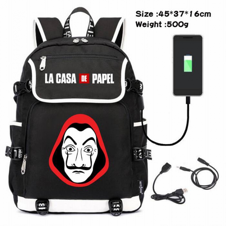 La casa de papel-221 Anime 600D waterproof canvas backpack USB charging data line backpack