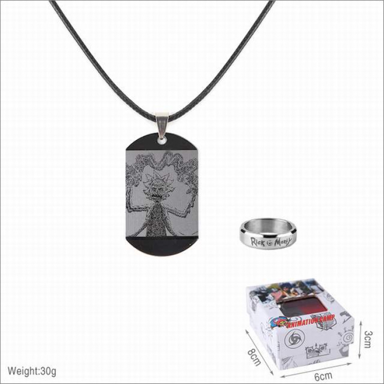 Rick and Morty Ring and stainless steel black sling necklace 2 piece set