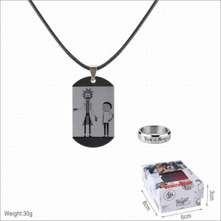 Rick and Morty Ring and stainless steel black sling necklace 2 piece set