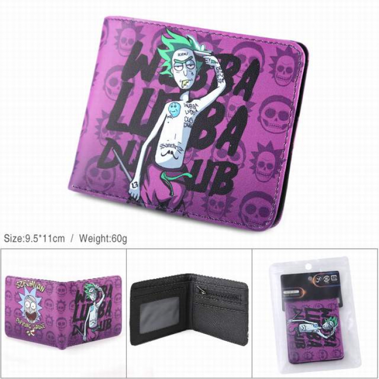 Rick and Morty purple PU full color silk screen two fold short card bag wallet purse 9.5X11CM 60G