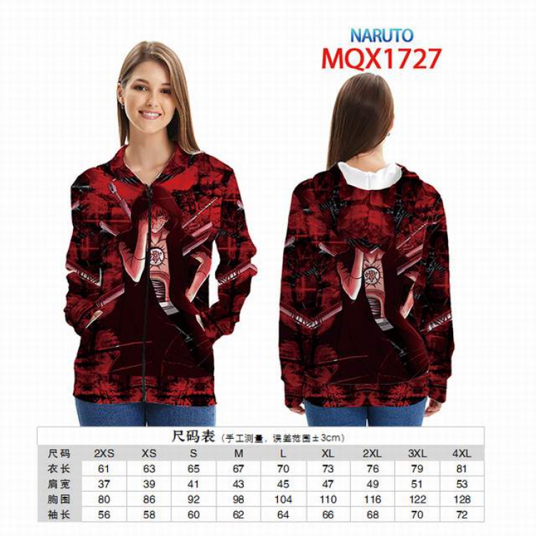 Naruto Full color zipper hooded Patch pocket Coat Hoodie 9 sizes from XXS to 4XL MQX 1727