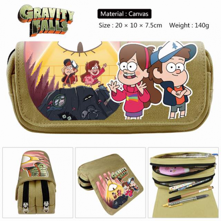 Gravity Falls khaki Anime double layer multifunctional canvas pencil bag stationery box wallet 20X10X7.5CM 140G