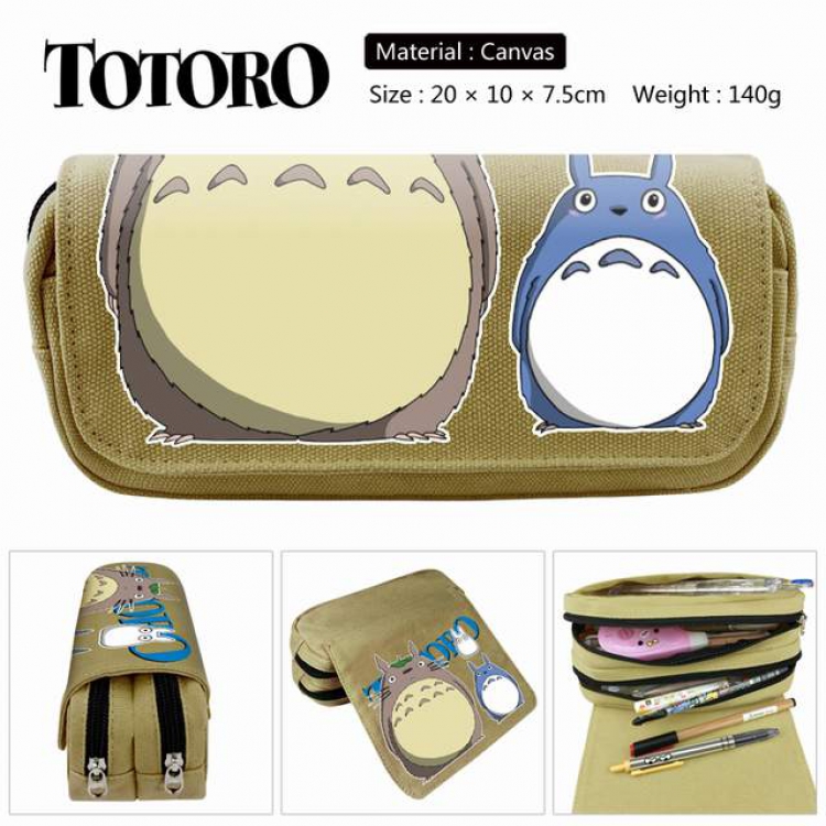 Totoro khaki Anime double layer multifunctional canvas pencil bag stationery box wallet 20X10X7.5CM 140G