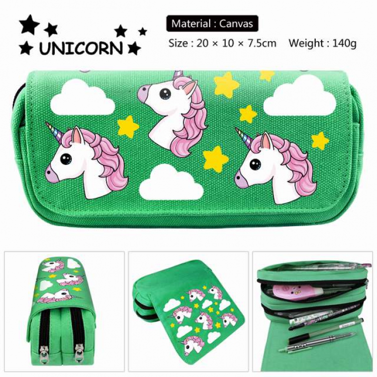 Unicorn green Anime double layer multifunctional canvas pencil bag stationery box wallet 20X10X7.5CM 140G