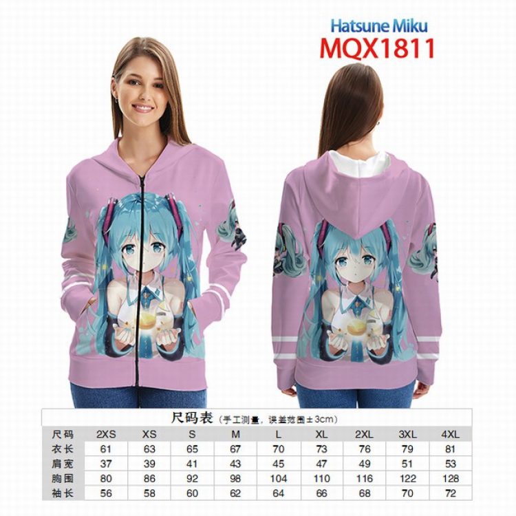 Hatsune Miku Full color zipper hooded Patch pocket Coat Hoodie 9 sizes from XXS to 4XL MQX 1811