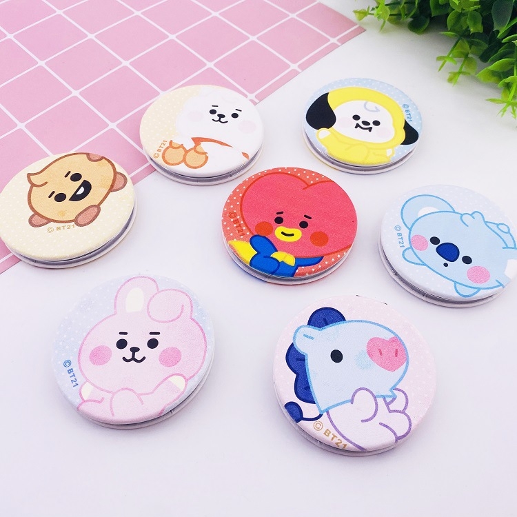 BTS Cartoon PU Folding mirror double-sided mirror price for 10 pcs 6CM