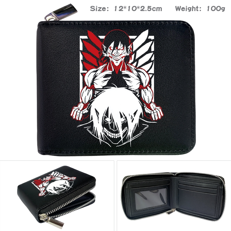 Shingeki no Kyojin Anime Zipper UV printed bi-fold leather wallet 12x10x2.5cm 100g