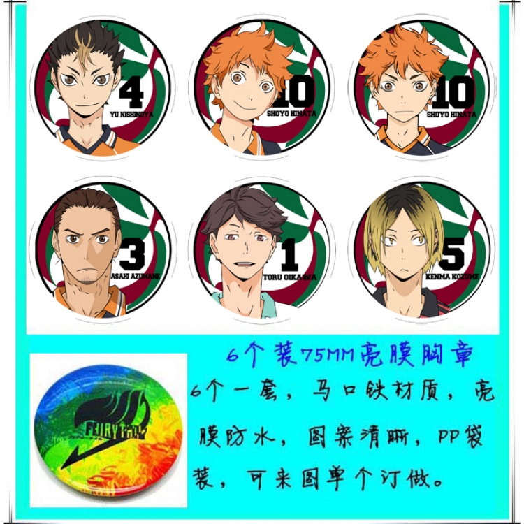 Haikyuu!! Anime round Badge Bright film badge Brooch 75mm a set of 6   Style B