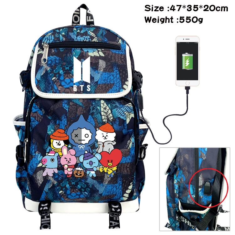 BTS Movie Star Camouflage Flip Data Cable Backpack School Bag 47x35x20cm