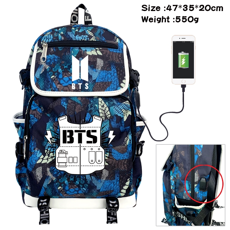 BTS Movie Star Camouflage Flip Data Cable Backpack School Bag 47x35x20cm