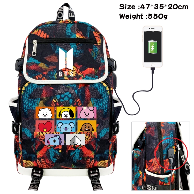 BTS Movie Star Camouflage Flip Data Cable Backpack School Bag 47x35x20cm