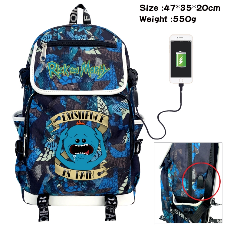 Rick and Morty Anime Camouflage Flip Data Cable Backpack School Bag 47x35x20cm