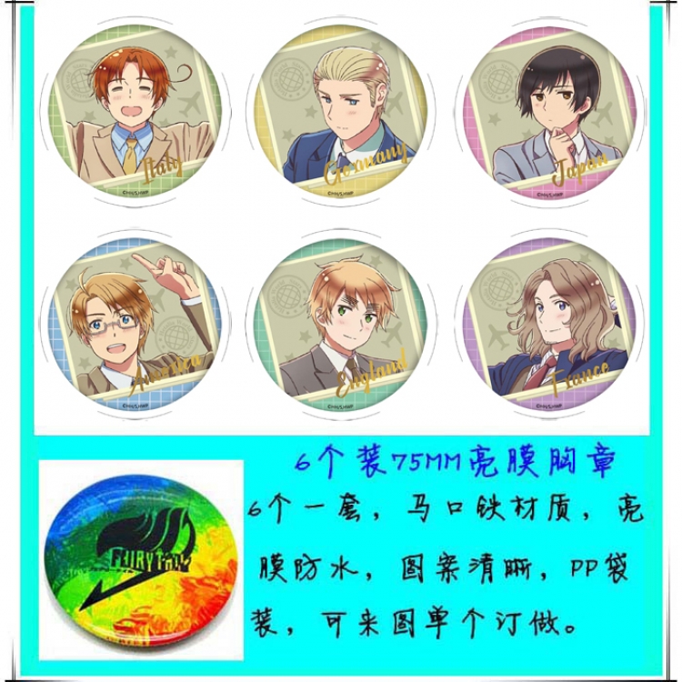 Hetalia Anime round Badge Bright film badge Brooch 75mm a set of 6