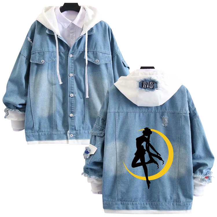 sailormoon anime stitching denim jacket top sweater from S to 4XL