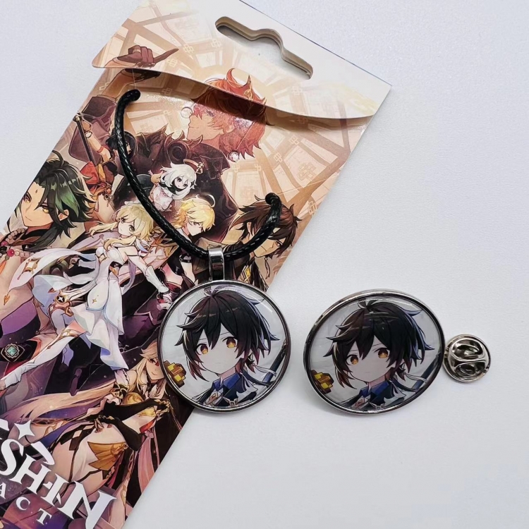 Genshin Impact Anime Cartoon Leather Rope Necklace Brooch 2 Piece Set  737